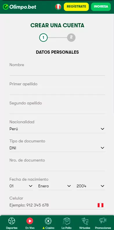 Captura de pantalla del registro Olimpo bet